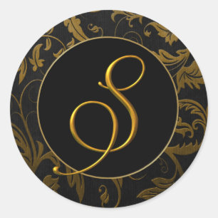 Sticker Rond Sceau Monogram S Gold et Black Mariage damassé