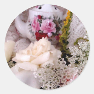 Sticker Rond Sceau rose et théière