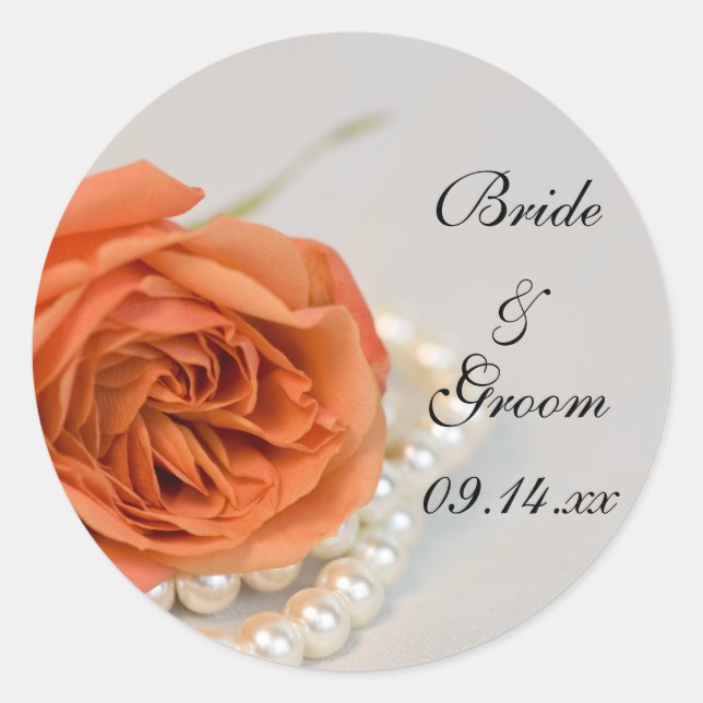 Sticker Rond Sceau Rose orange et perles blanches Mariage Envel (Devant)