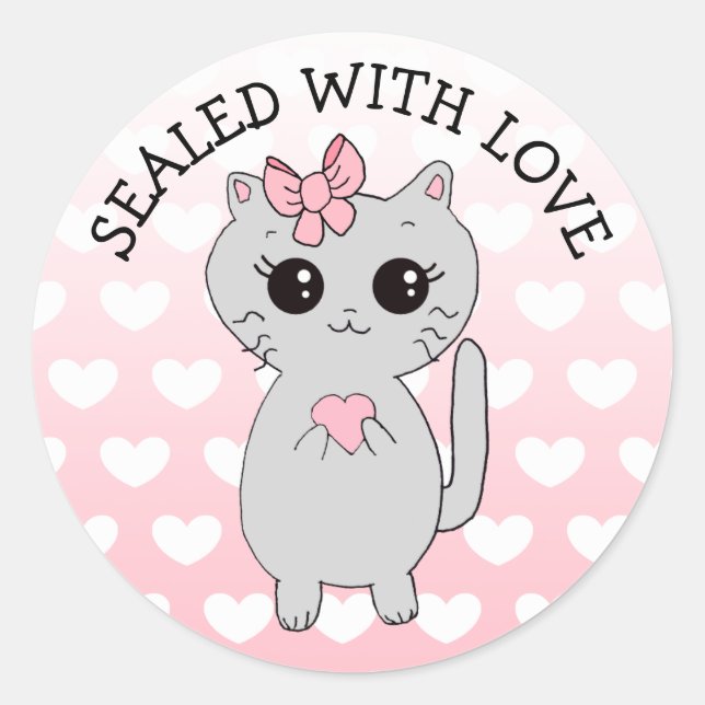 Sticker Rond Scellé avec amour Chat de dessin animé avec nœud c (Devant)