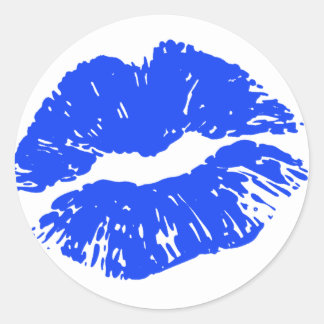 Sticker Rond Scellé Avec Un Baiser Bleu Lip Imprimer Baisson Ba