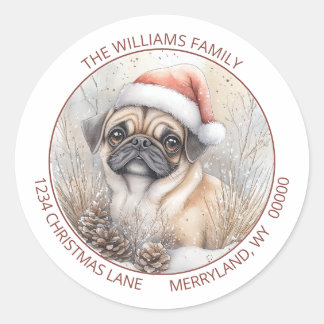 Sticker Rond Scène aquarelle d'hiver enneigé avec un chien Sant