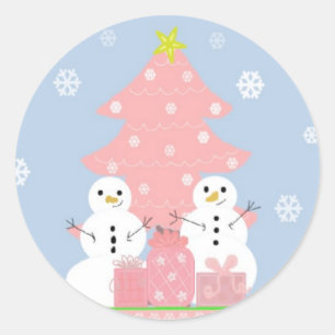 Sticker Rond Scène de bonhomme de neige rose et bleu