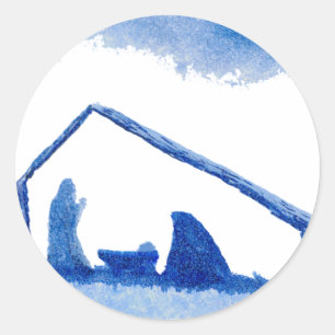 Sticker Rond Scène de la Nativité Silhouette Bleue