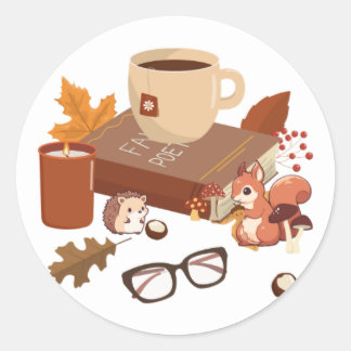 Sticker Rond Scène de livre d'automne avec de jolies créatures