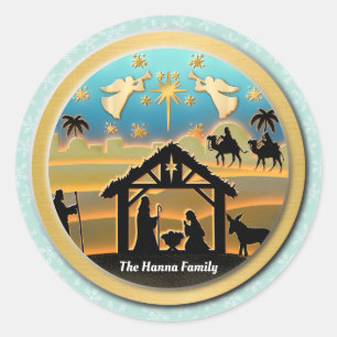 Sticker Rond Scène de Noël avec l'Enfant Jésus dans la crèche