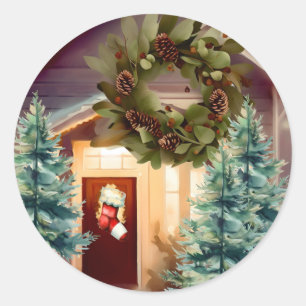 Sticker Rond Scène de Noël cosy épinette arbres
