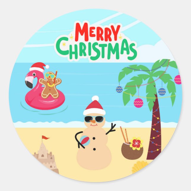 Sticker Rond Scène de Noël de plage (Devant)