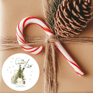 Sticker Rond Scène de Noël vintage cosy aquarelle verte