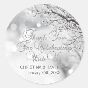 Sticker Rond Scène d'hiver Snowflakes Merci Mariage