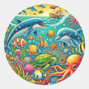 Sticker Rond Scène sous-marine colorée avec vie marine