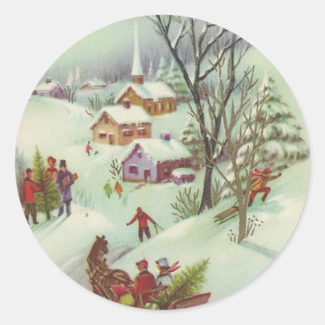 Sticker Rond Scène Vintage Noël (Devant)