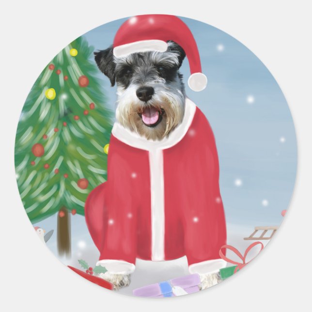 Sticker Rond Schnauzer Chien à Noël de neige (Devant)