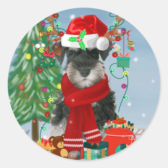 Sticker Rond Schnauzer Chien à Noël de neige (Devant)