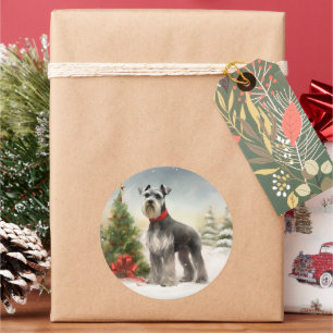 Sticker Rond Schnauzer Chien à Noël de neige