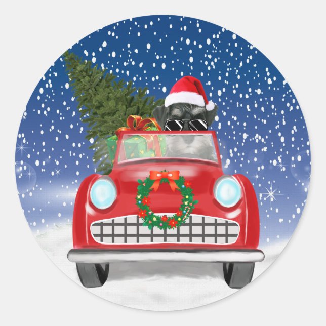 Sticker Rond Schnauzer Chien Conduite Voiture En Noël De Neige (Devant)
