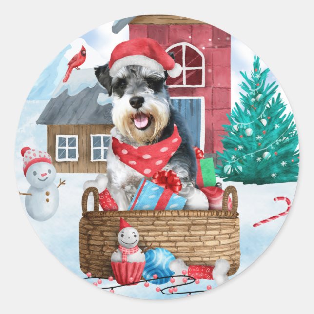 Sticker Rond Schnauzer Chien dans la neige Maison de Chien de N (Devant)