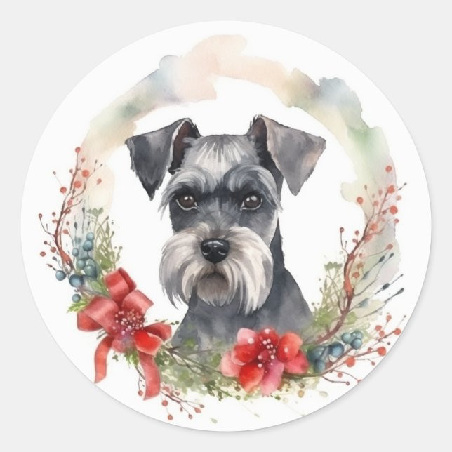 Sticker Rond Schnauzer Christmas Wreath Festive Pup (Devant)
