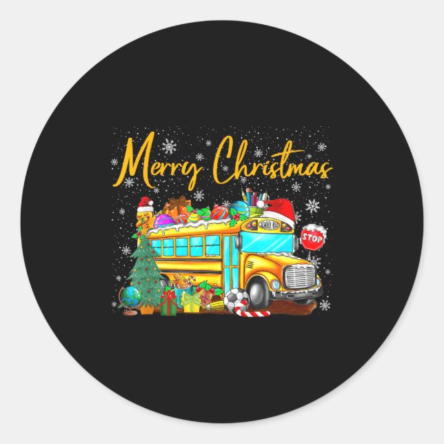 Sticker Rond School Bus Driver Santa Hat Merry Christmas Tree M (Devant)