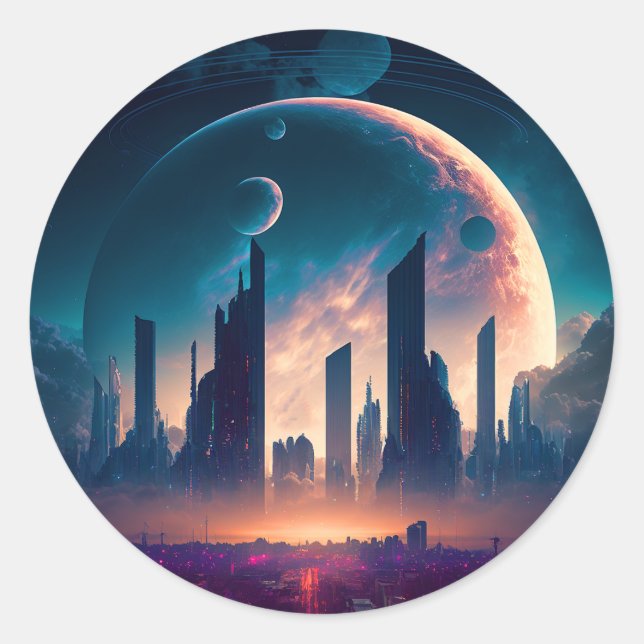 Sticker Rond Science-fiction Cyberpunk Space City (Devant)