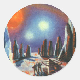 Sticker Rond Science-fiction vintage de planète étrangère avec 