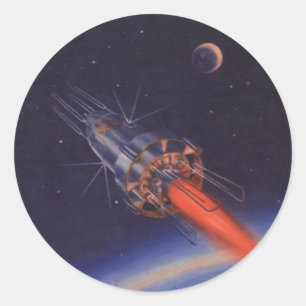 Sticker Rond Science-fiction vintage, fusées Sci Fi au-dessus d