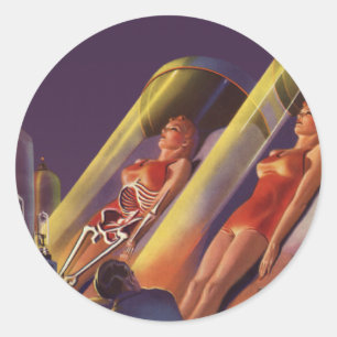 Sticker Rond Science-fiction vintage, Sci Fi Scientists in Lab