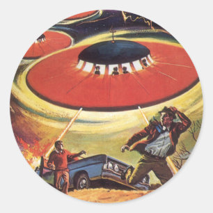 Sticker Rond Science-fiction vintage, Sci Fi UFO Alien Invasion