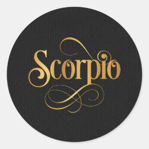 Sticker Rond Scorpion or tourbillonnant Script Zodiac sur noir
