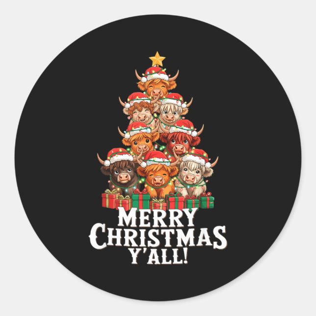 Sticker Rond Scottish Highland Cow Christmas Tree Funny Cow Lov (Devant)