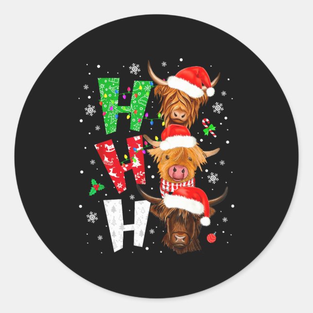 Sticker Rond Scottish Highland Cow Print Ho Ho Ho Christmas Paj (Devant)