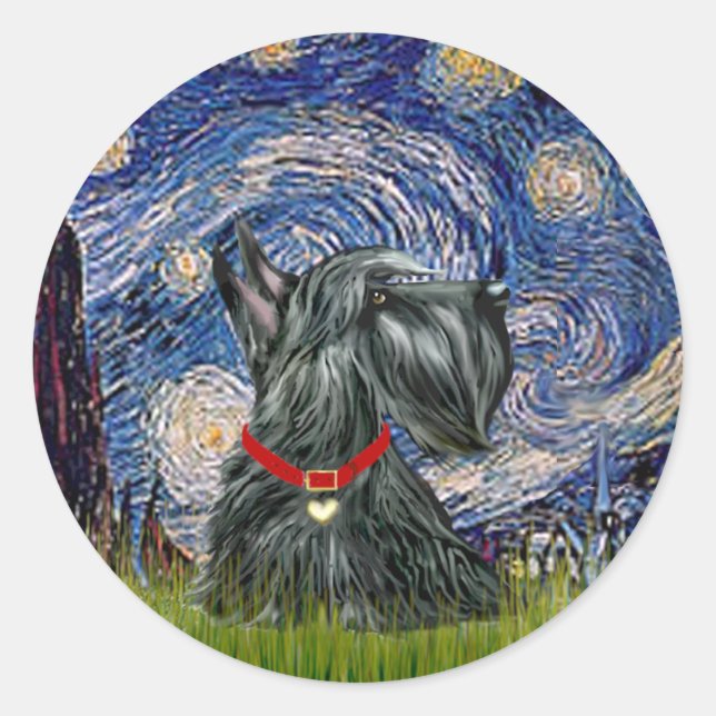 Sticker Rond Scottish Terrier 12c -Starry Night (Devant)