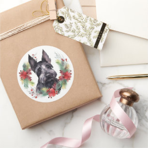 Sticker Rond Scottish Terrier Christmas Wreath Festive Pup