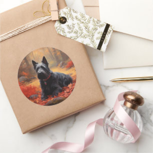 Sticker Rond Scottish Terrier dans les feuilles d'automne qui t