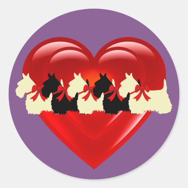 Sticker Rond Scottish Terrier noir/blanc double coeur/arc (Devant)