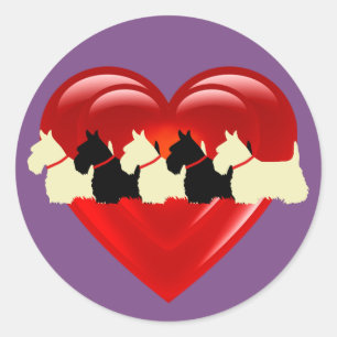 Sticker Rond Scottish Terrier noir/blanc double coeur/col