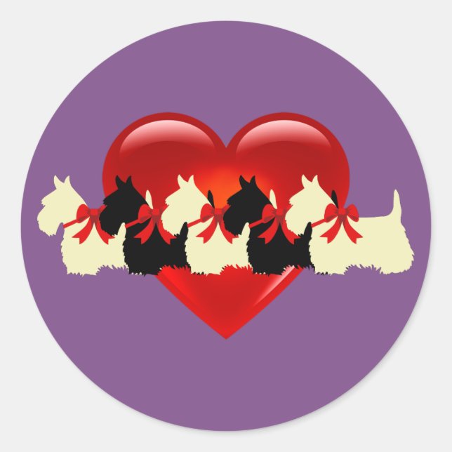 Sticker Rond Scottish Terrier noir/blanc silhouette coeur/arc (Devant)