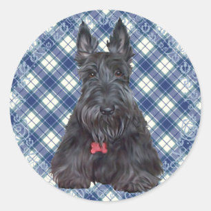 Sticker Rond Scottish terrier on tartan