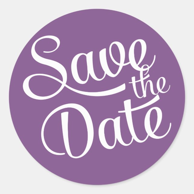Sticker Rond Script blanc violet foncé Enregistrer la date (Devant)
