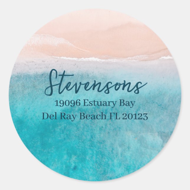 Sticker Rond Script bleu moderne Nom personnalisé Beach House P (Devant)