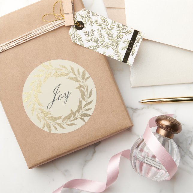 Sticker Rond Script chic Joy Gold Wreath Christmas Off-White (Cadeaux)