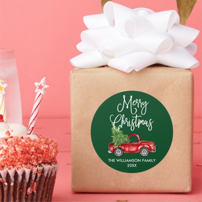 Sticker Rond Script de calligraphie Noël Rouge Camion vert (Fête)