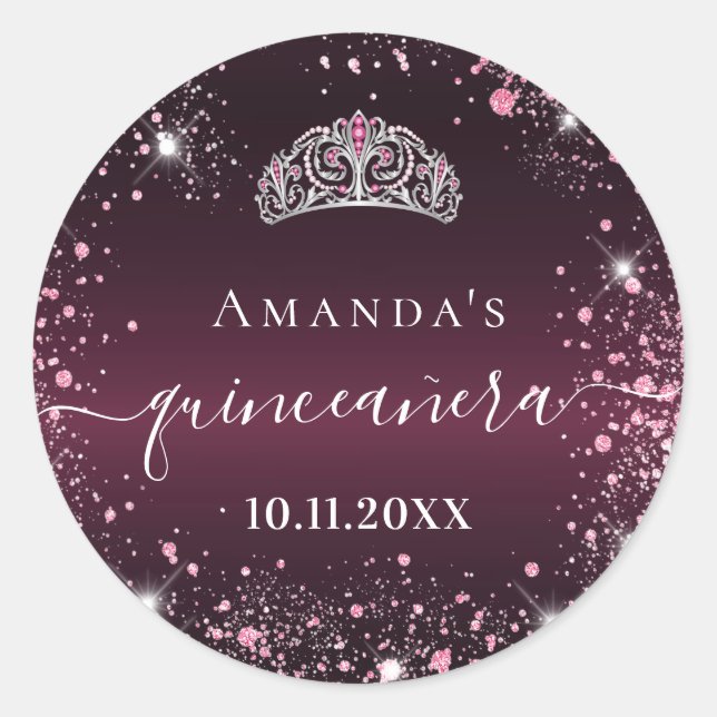 Sticker Rond Script de nom de tiara rose quinceanera (Devant)
