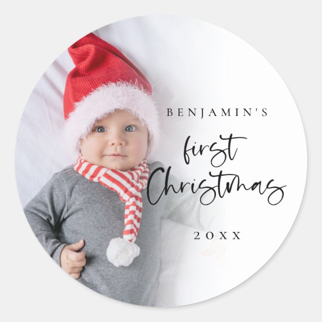 Sticker Rond Script de superposition photo Baby First Christmas (Devant)