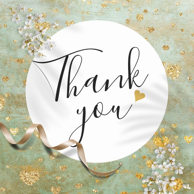 Sticker Rond Script élégant moderne Gold Heart Merci (Modern Elegant Script Gold Heart Thank You Classic Round Sticker)