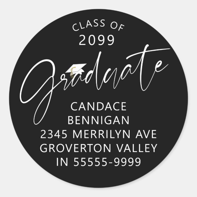 Sticker Rond Script Graduel moderne noir blanc Adresse de retou (Devant)