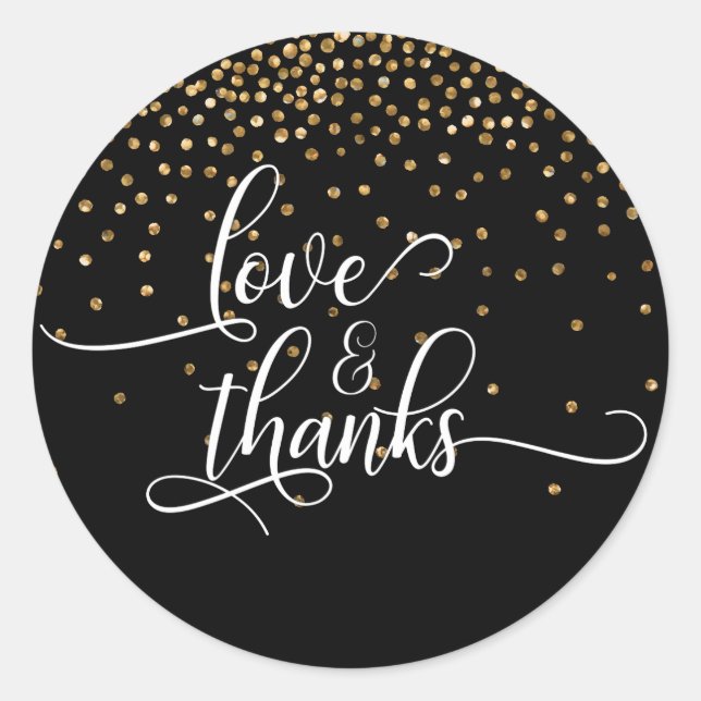 Sticker Rond Script Love & Merci, Confettis Dorés sur Fond Noir (Devant)