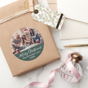 Sticker Rond Script moderne Famille Photo Vert Joyeux Noël