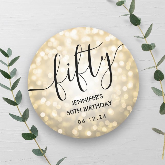 Sticker Rond Script moderne Lumières Parties scintillant or 50e (Modern Script Gold Glitter Lights 50th Birthday Classic Round Sticker)