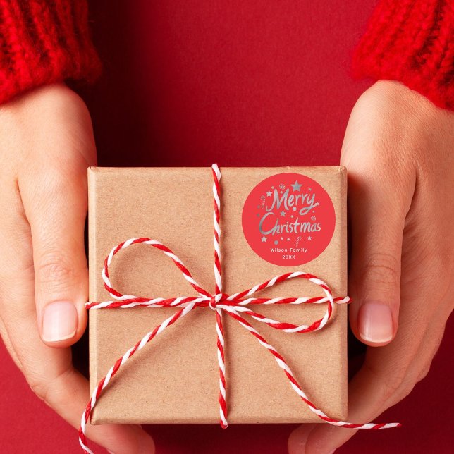 Sticker Rond Script moderne Rouge Joyeux Noël personnalisé (Créateur téléchargé)